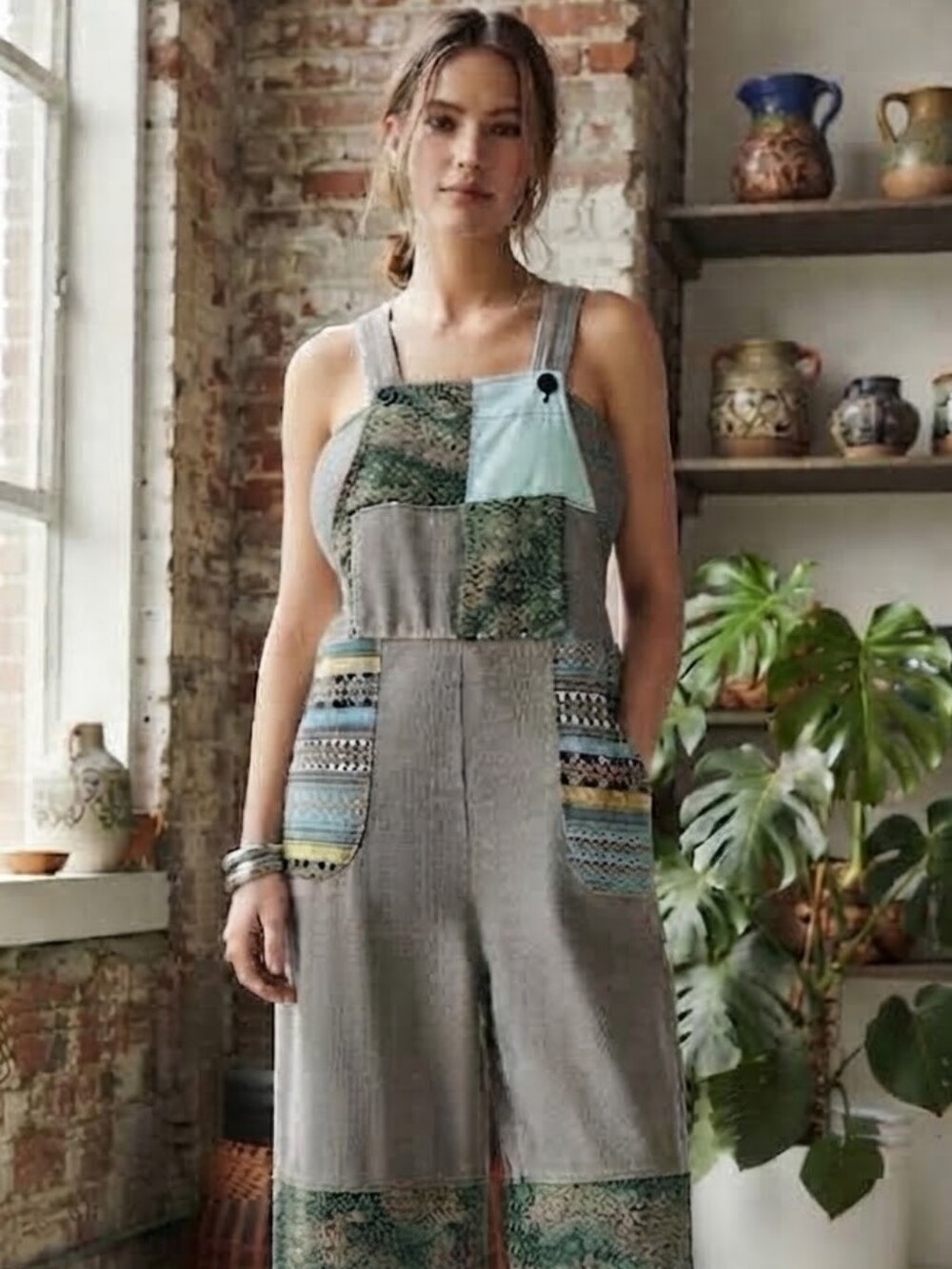 Patchwork Wide-Leg Jumpsuit Overalls in Gray & Teal